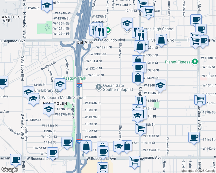 map of restaurants, bars, coffee shops, grocery stores, and more near 5011 134th Place in Hawthorne