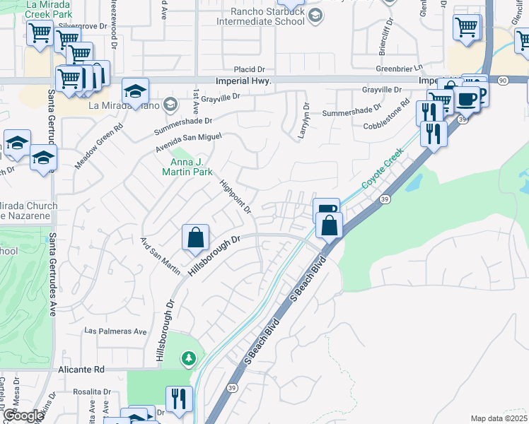 map of restaurants, bars, coffee shops, grocery stores, and more near 16410 Fitzpatrick Court in La Mirada