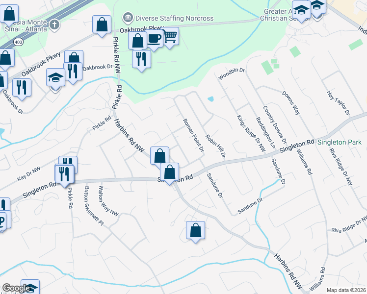 map of restaurants, bars, coffee shops, grocery stores, and more near 1403 Wing Foot Way in Norcross