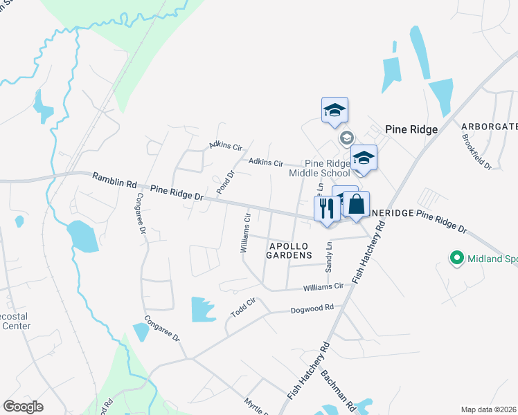 map of restaurants, bars, coffee shops, grocery stores, and more near 418 Pine Ridge Dr in West Columbia