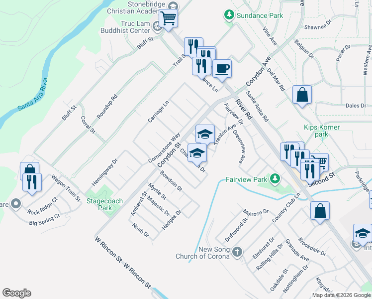 map of restaurants, bars, coffee shops, grocery stores, and more near 1881 Champlain Drive in Corona