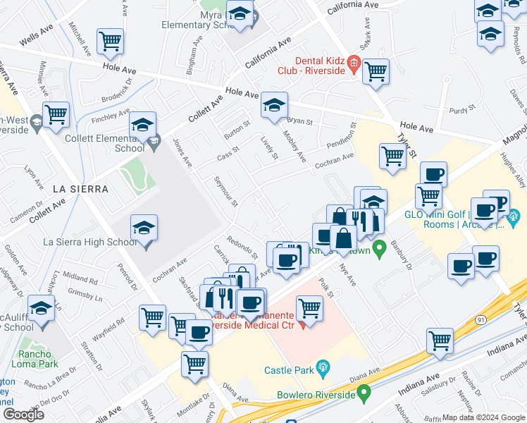 map of restaurants, bars, coffee shops, grocery stores, and more near 3944 Polk Street in Riverside