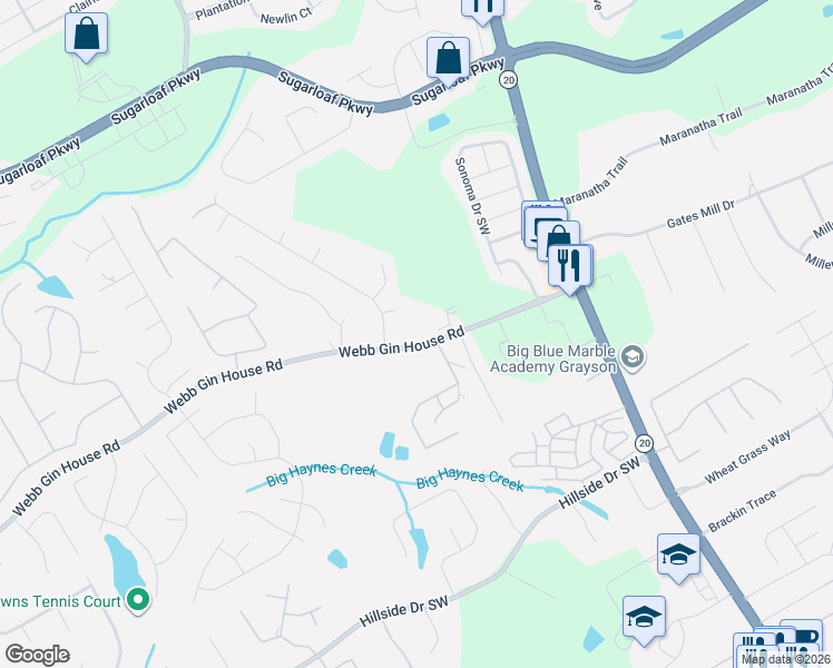 map of restaurants, bars, coffee shops, grocery stores, and more near 633 Webb Gin House Road in Lawrenceville