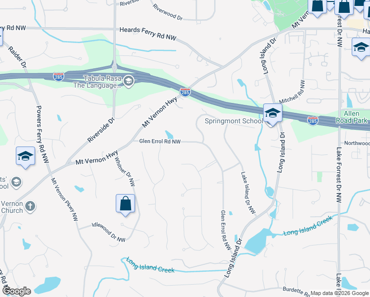 map of restaurants, bars, coffee shops, grocery stores, and more near 5680 Glen Errol Road Northwest in Sandy Springs