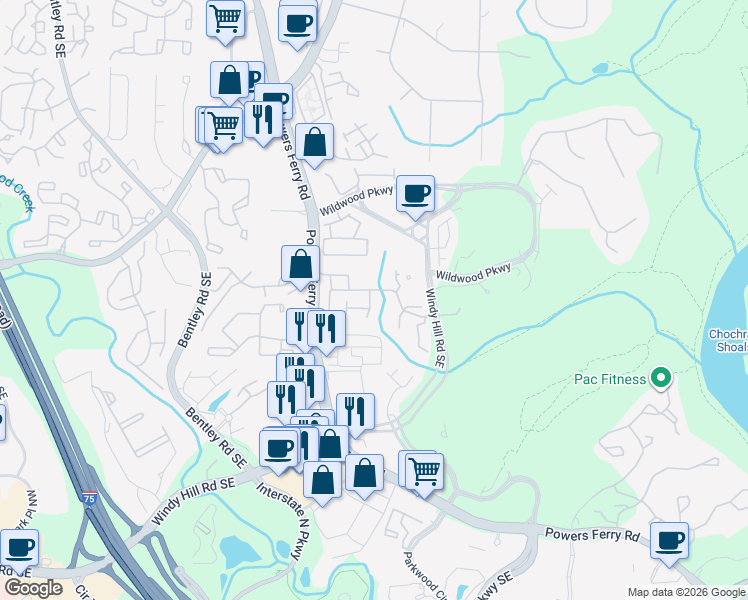 map of restaurants, bars, coffee shops, grocery stores, and more near 3096 Woodwalk Drive in Atlanta