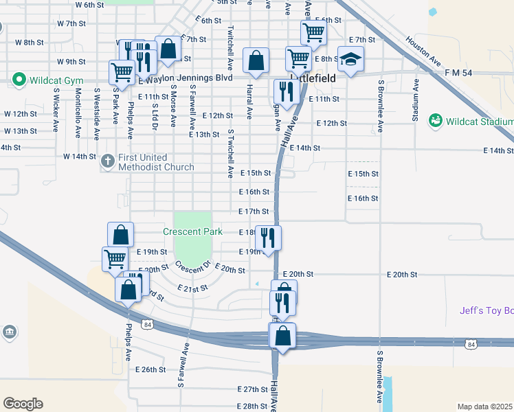 map of restaurants, bars, coffee shops, grocery stores, and more near 703 East 17th Street in Littlefield