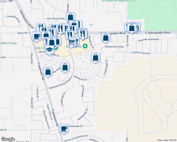 map of restaurants, bars, coffee shops, grocery stores, and more near 5165 Melbourne Place in Riverside