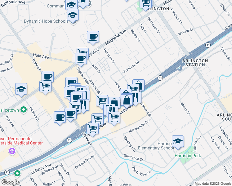 map of restaurants, bars, coffee shops, grocery stores, and more near 3486 Albany Street in Riverside