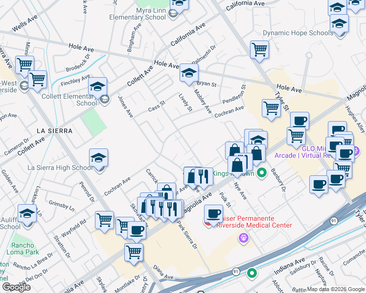 map of restaurants, bars, coffee shops, grocery stores, and more near 10731 Starlight Court in Riverside
