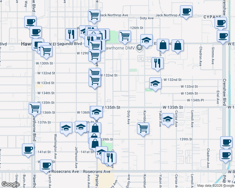 map of restaurants, bars, coffee shops, grocery stores, and more near 13400 Cordary Avenue in Hawthorne