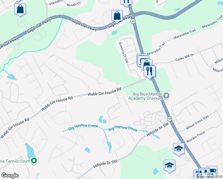 map of restaurants, bars, coffee shops, grocery stores, and more near 633 Webb Gin House Road in Lawrenceville
