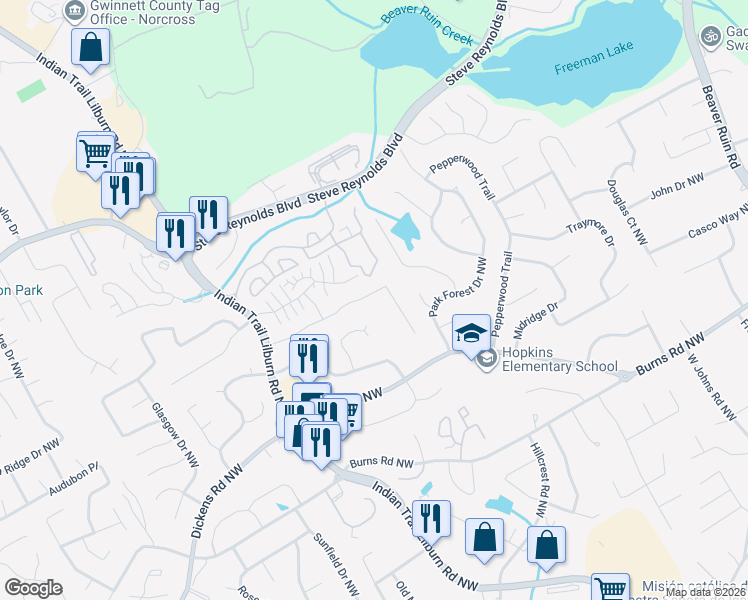 map of restaurants, bars, coffee shops, grocery stores, and more near 4746 Warners Trail in Norcross