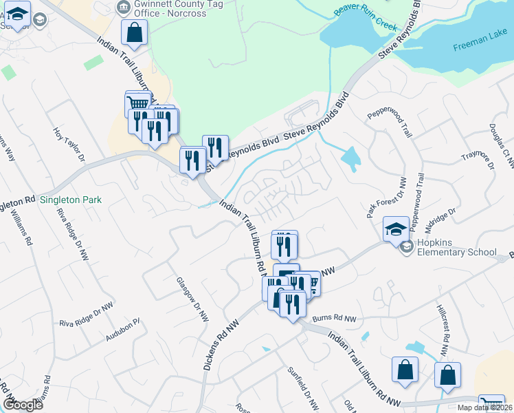 map of restaurants, bars, coffee shops, grocery stores, and more near 1069 Knights Bridge Court in Norcross