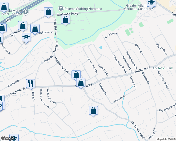 map of restaurants, bars, coffee shops, grocery stores, and more near 1403 Wing Foot Way in Norcross