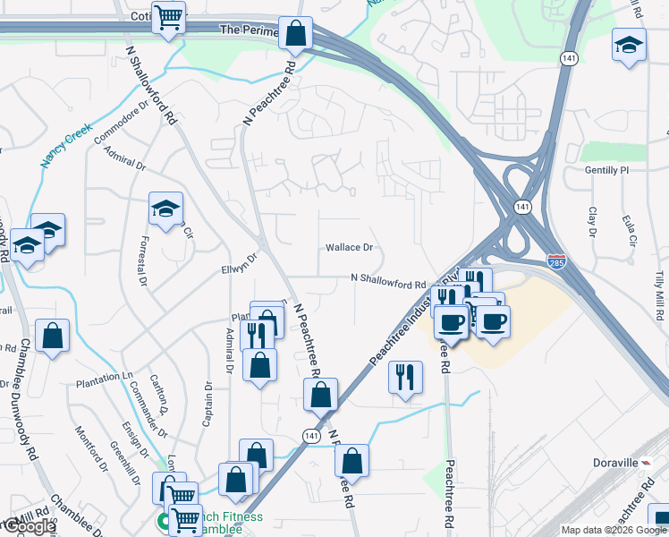 map of restaurants, bars, coffee shops, grocery stores, and more near 2254 North Shallowford Road in Chamblee
