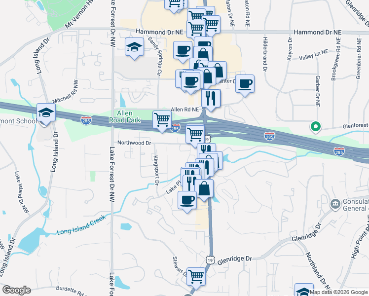 map of restaurants, bars, coffee shops, grocery stores, and more near 201 Northwood Drive in Atlanta