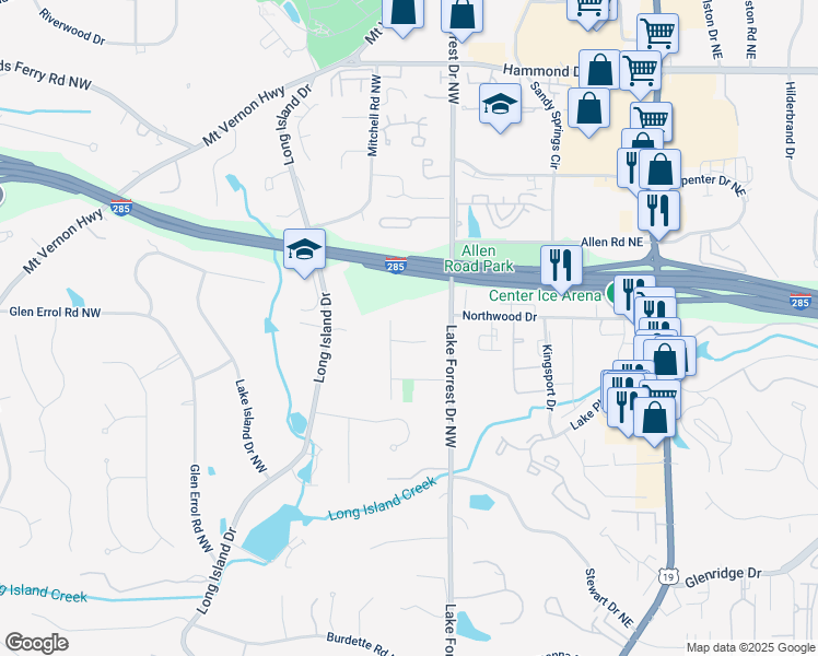 map of restaurants, bars, coffee shops, grocery stores, and more near 45 Michelle Circle Northeast in Atlanta