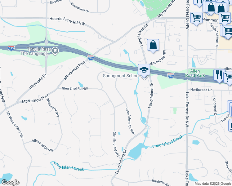 map of restaurants, bars, coffee shops, grocery stores, and more near 5680 Lake Island Drive Northwest in Atlanta