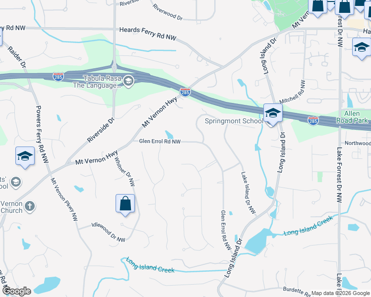 map of restaurants, bars, coffee shops, grocery stores, and more near 5680 Glen Errol Road Northwest in Sandy Springs