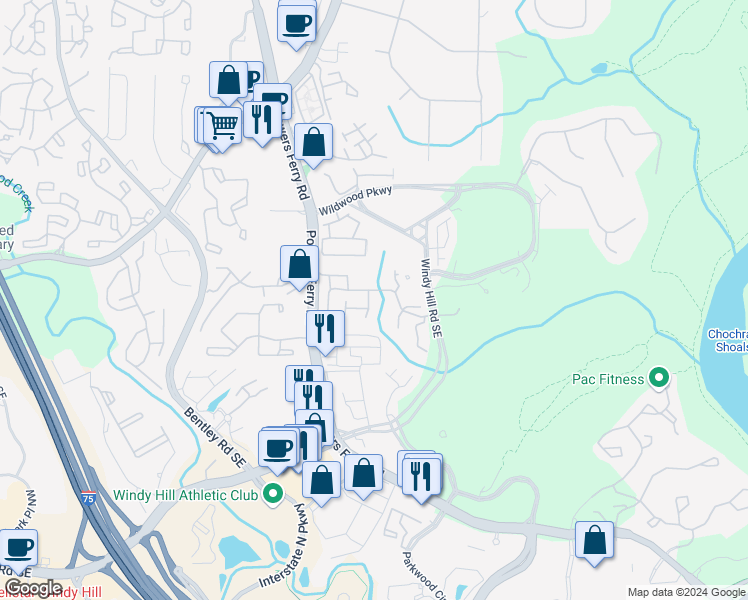 map of restaurants, bars, coffee shops, grocery stores, and more near 3096 Woodwalk Drive in Atlanta