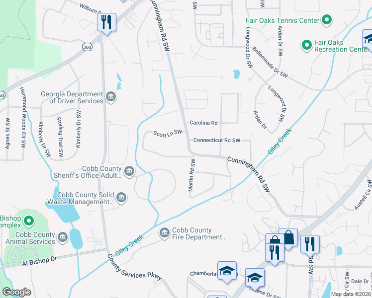 map of restaurants, bars, coffee shops, grocery stores, and more near 1705 Cunningham Road Southwest in Marietta
