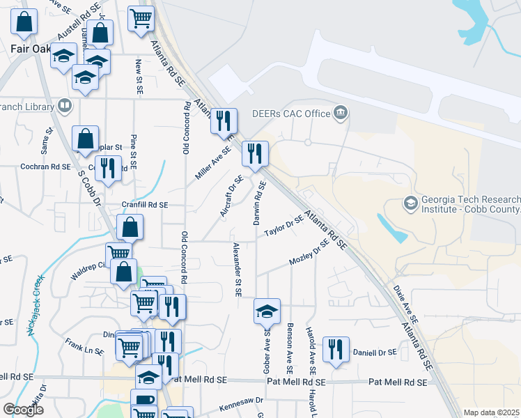 map of restaurants, bars, coffee shops, grocery stores, and more near 1735 Darwin Road Southeast in Smyrna