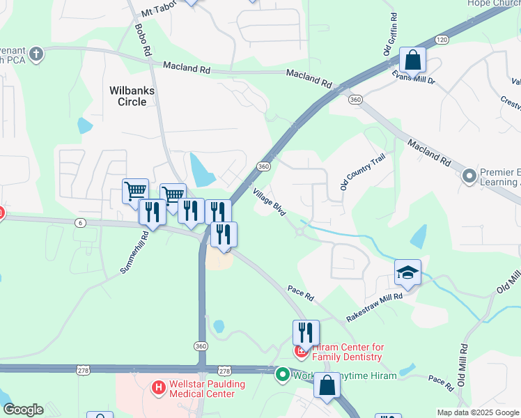 map of restaurants, bars, coffee shops, grocery stores, and more near 52 Village Boulevard in Dallas