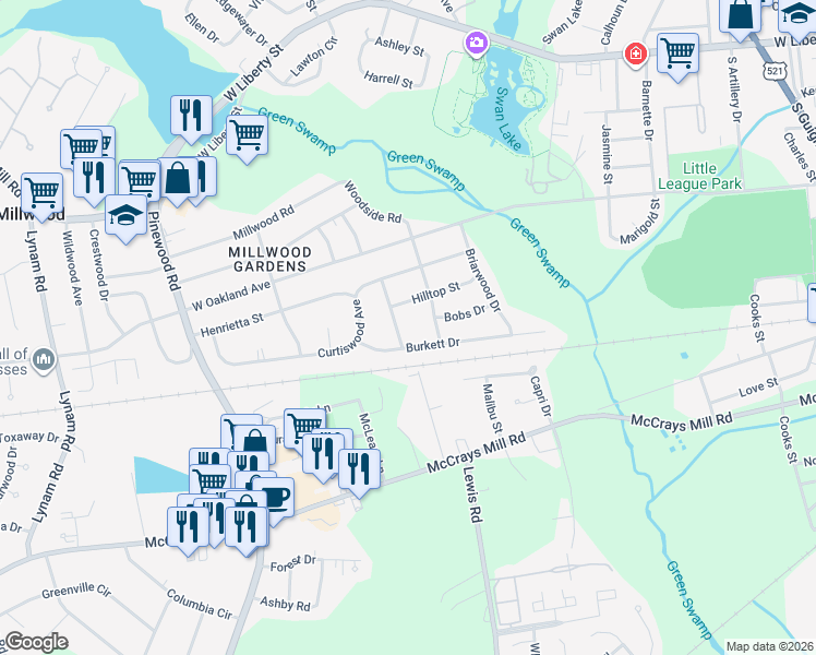 map of restaurants, bars, coffee shops, grocery stores, and more near 107 Burkett Drive in Sumter