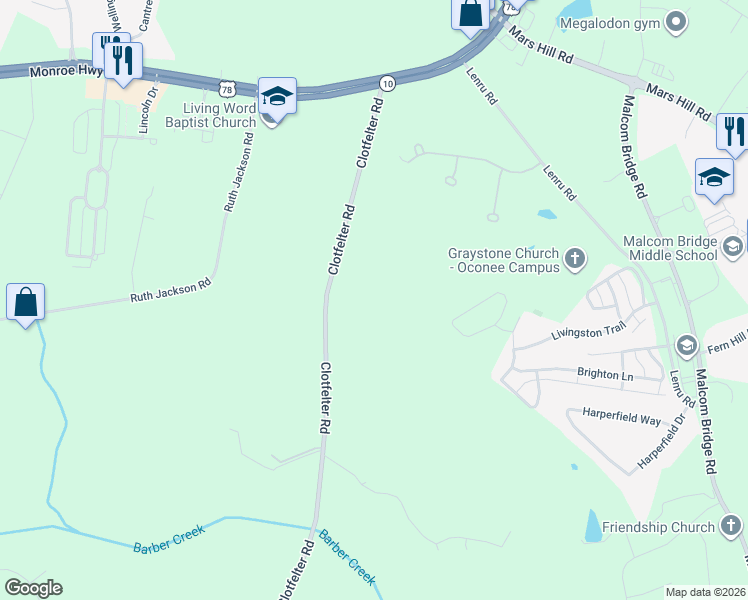map of restaurants, bars, coffee shops, grocery stores, and more near 2410 Clotfelter Road in Bogart