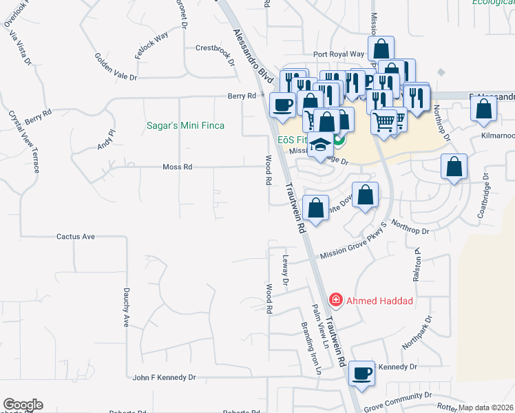 map of restaurants, bars, coffee shops, grocery stores, and more near 14391 Wood Road in Riverside