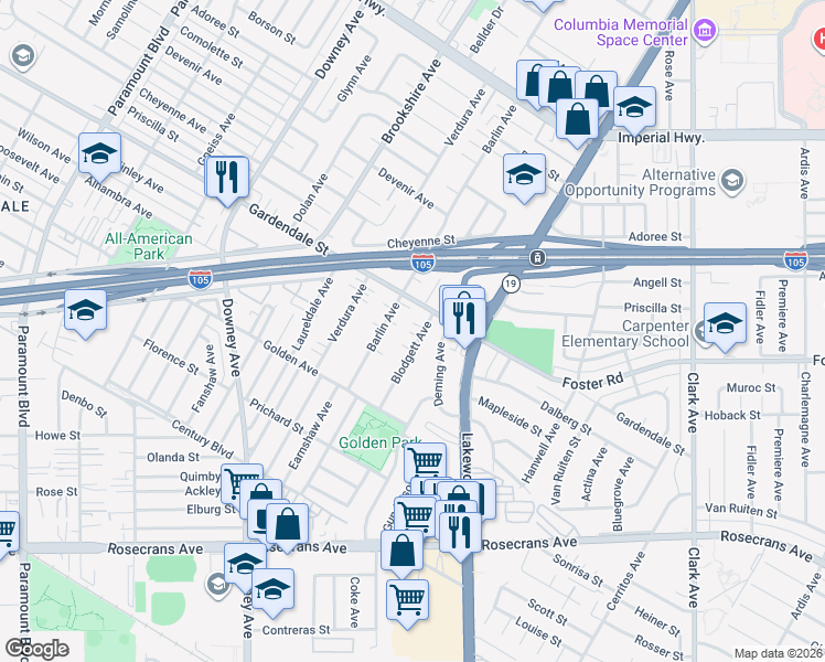 map of restaurants, bars, coffee shops, grocery stores, and more near 13127 Blodgett Avenue in Downey
