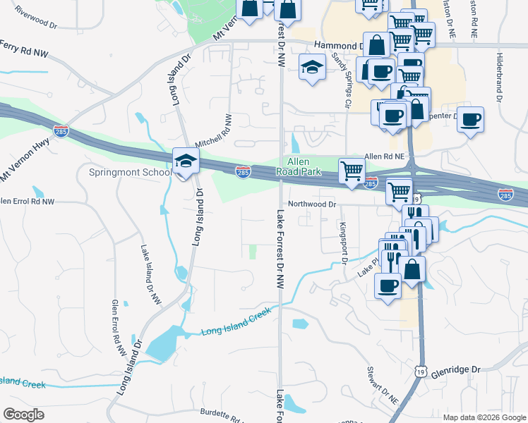 map of restaurants, bars, coffee shops, grocery stores, and more near 35 Michelle Circle Northeast in Atlanta
