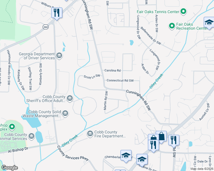 map of restaurants, bars, coffee shops, grocery stores, and more near 1705 Cunningham Road Southwest in Marietta