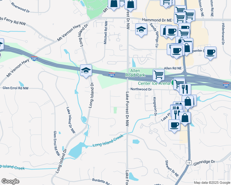 map of restaurants, bars, coffee shops, grocery stores, and more near 45 Michelle Circle Northeast in Atlanta