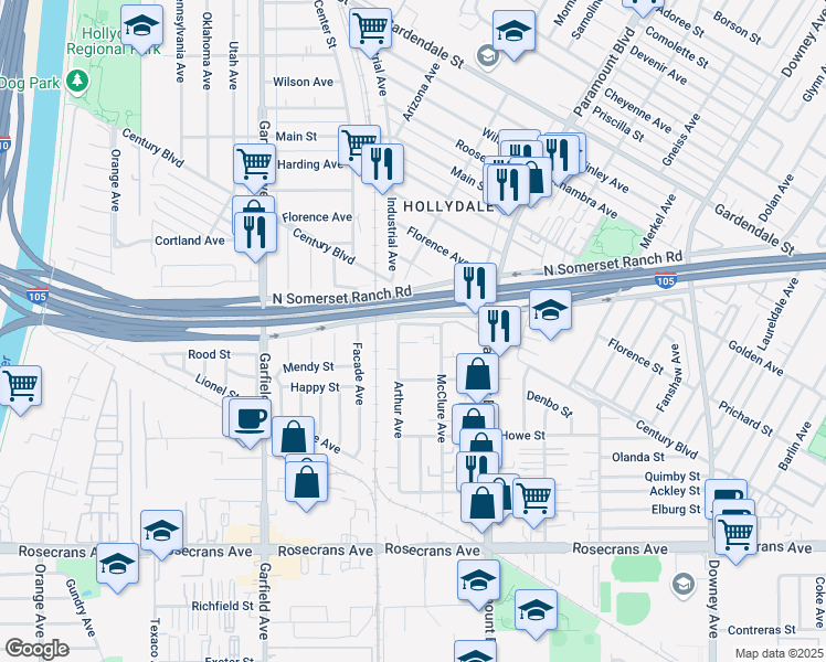 map of restaurants, bars, coffee shops, grocery stores, and more near 7830 Denver Street in Paramount