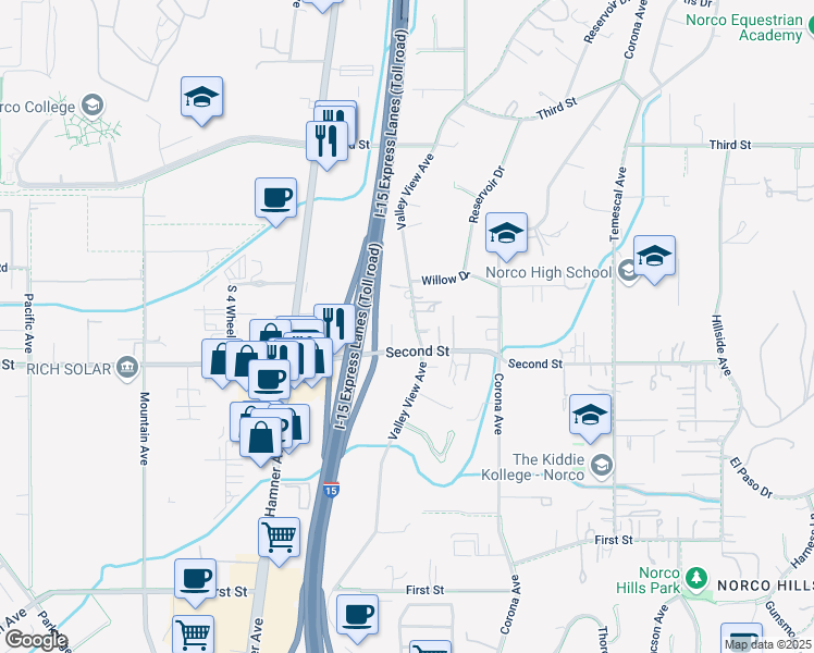 map of restaurants, bars, coffee shops, grocery stores, and more near 1982 Valley View Avenue in Norco