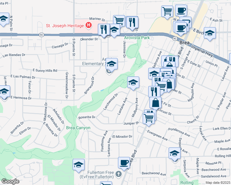 map of restaurants, bars, coffee shops, grocery stores, and more near 741 Larchwood Drive in Brea