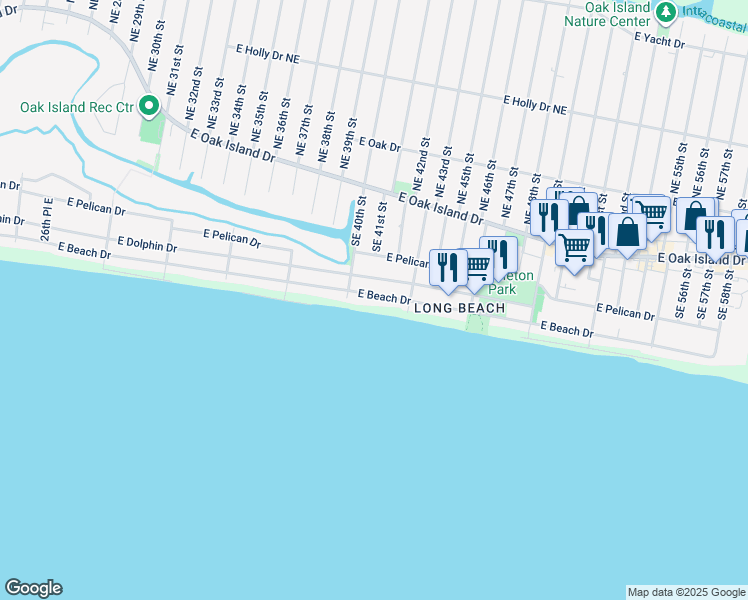 map of restaurants, bars, coffee shops, grocery stores, and more near 4013 East Beach Drive in Oak Island