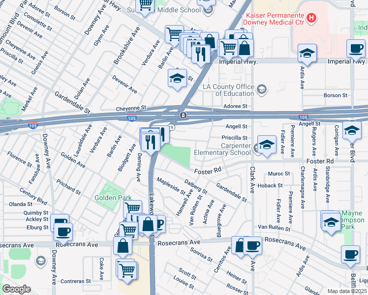 map of restaurants, bars, coffee shops, grocery stores, and more near 9073 Gardendale Street in Downey