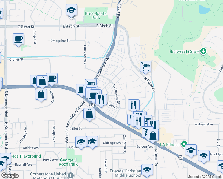 map of restaurants, bars, coffee shops, grocery stores, and more near 3515 Gardenia Lane in Brea
