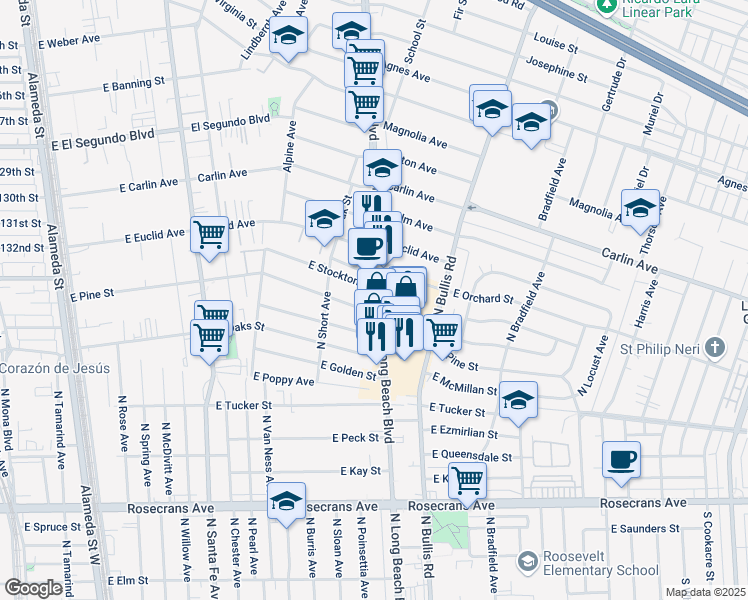 map of restaurants, bars, coffee shops, grocery stores, and more near 2111 North Long Beach Boulevard in Compton