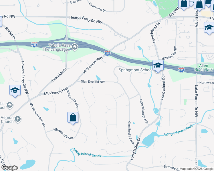map of restaurants, bars, coffee shops, grocery stores, and more near 5680 Glen Errol Road Northwest in Atlanta