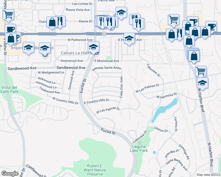 map of restaurants, bars, coffee shops, grocery stores, and more near 311 Avenida Santa Dorotea in La Habra