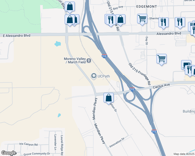 map of restaurants, bars, coffee shops, grocery stores, and more near 14350 Meridian Parkway in March Air Reserve Base