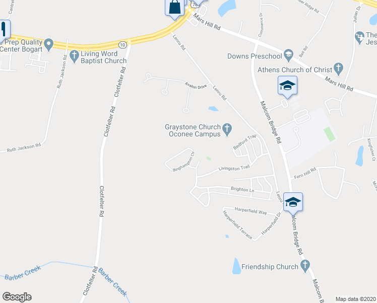 map of restaurants, bars, coffee shops, grocery stores, and more near 1500 Binghampton Circle in Bogart