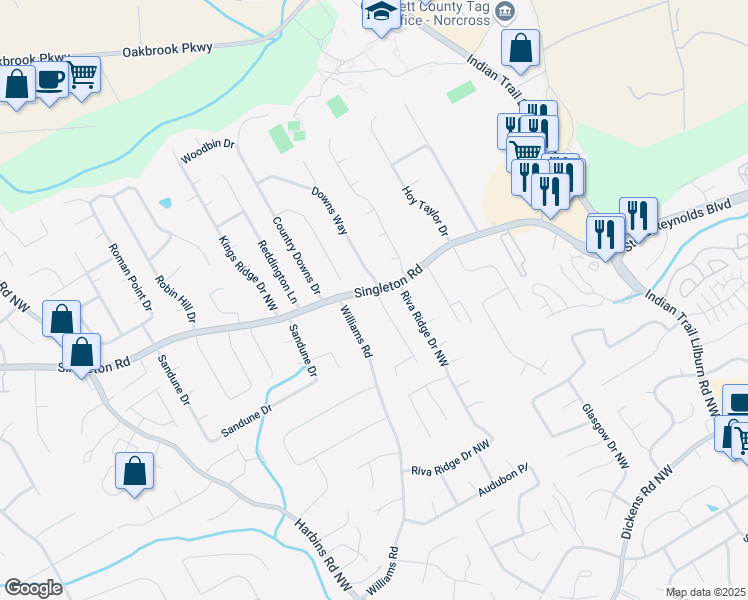 map of restaurants, bars, coffee shops, grocery stores, and more near 1276 Seattle Slew Lane Northwest in Norcross