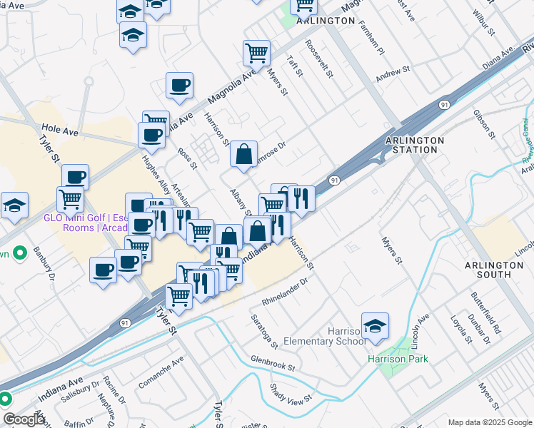 map of restaurants, bars, coffee shops, grocery stores, and more near 3462 Harrison Street in Riverside