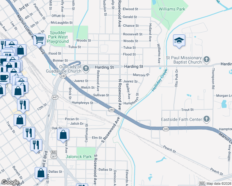 map of restaurants, bars, coffee shops, grocery stores, and more near 712 Sullivan Street in Wichita Falls