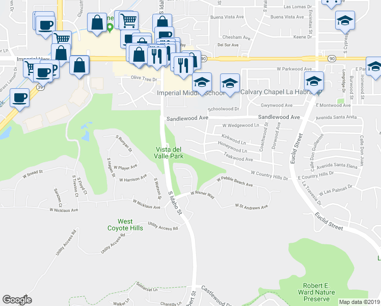 map of restaurants, bars, coffee shops, grocery stores, and more near 900 Teakwood Avenue in La Habra