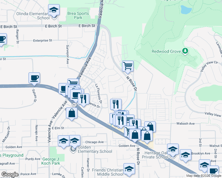 map of restaurants, bars, coffee shops, grocery stores, and more near 3655 Mercado Drive in Brea
